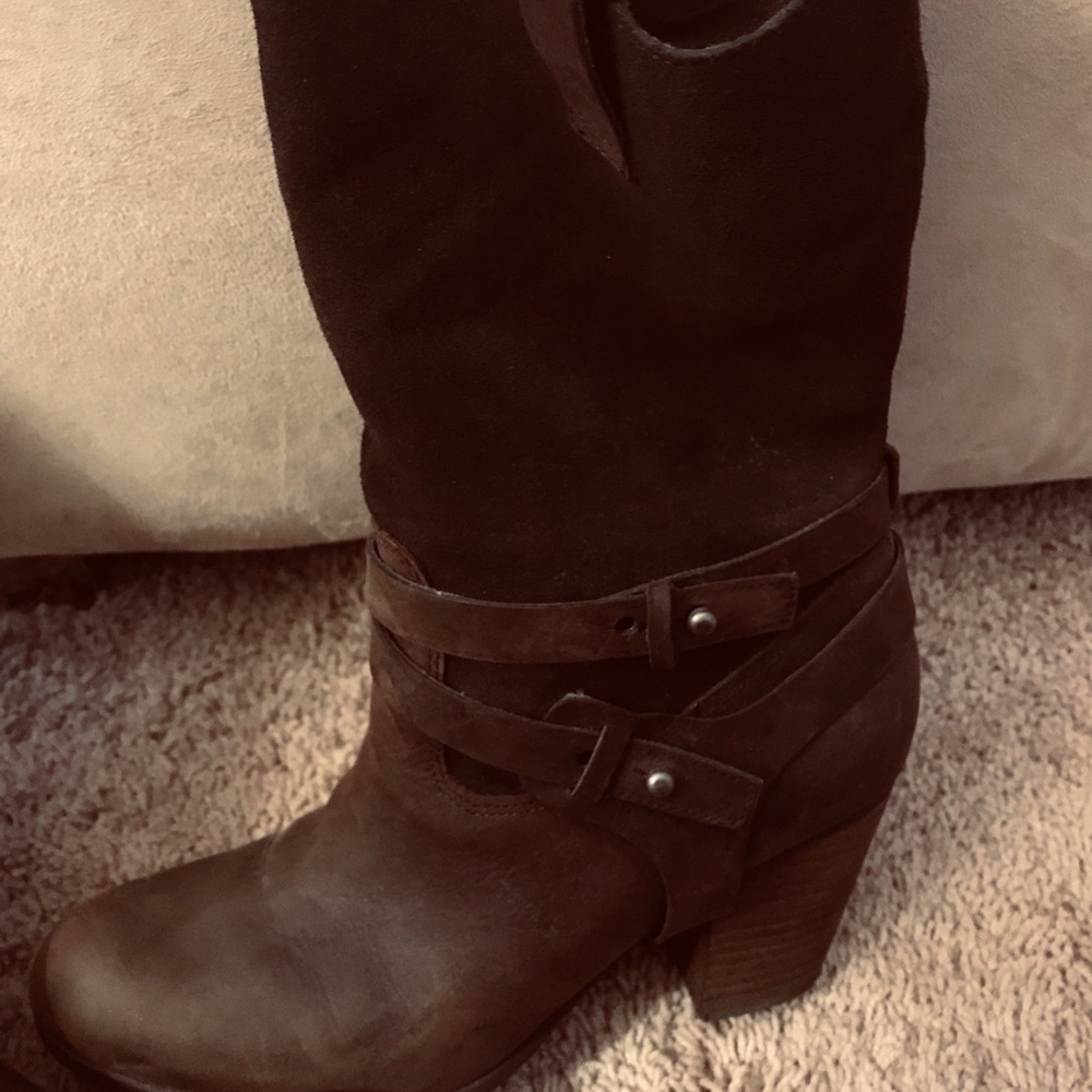 Slip on  chocolate suede boots 3 inch heel